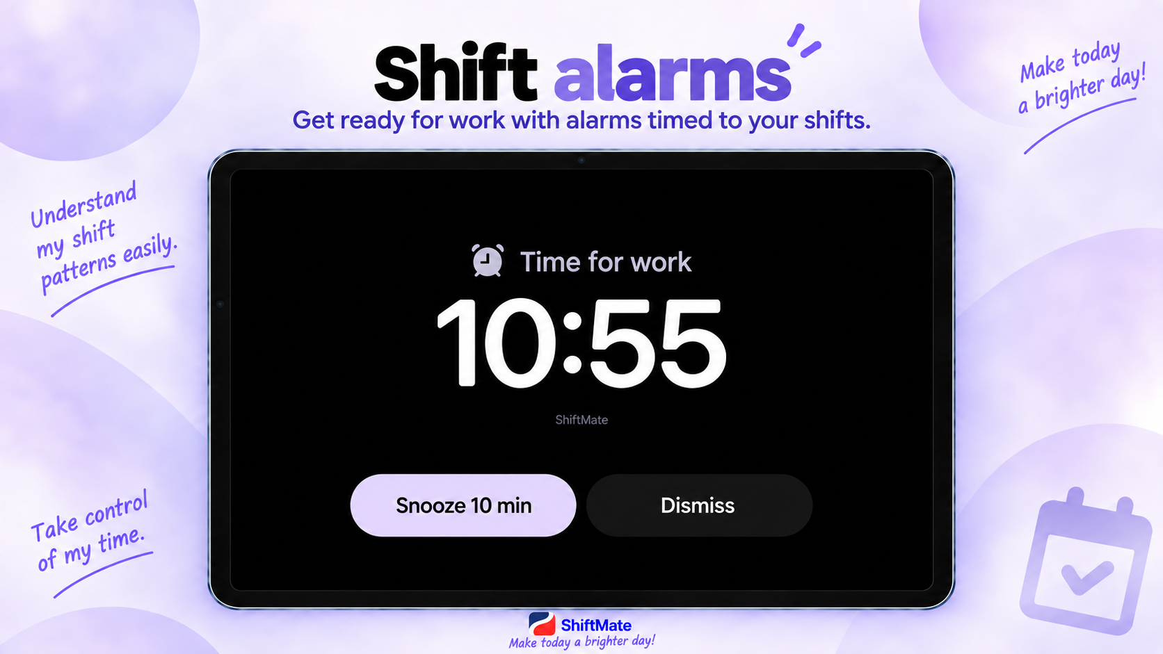 ShiftMate shift alarm displayed on a tablet.