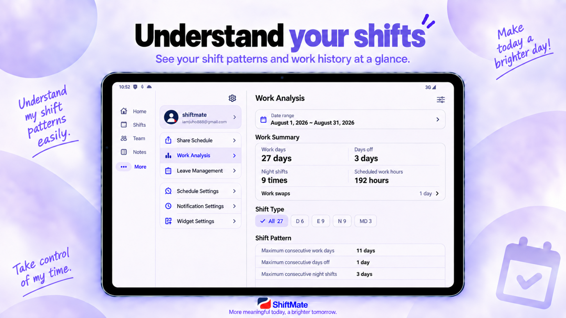 ShiftMate tablet view showing shift patterns and work history.