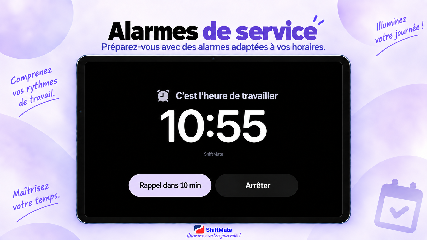 Alarme de service ShiftMate affichée sur une tablette.