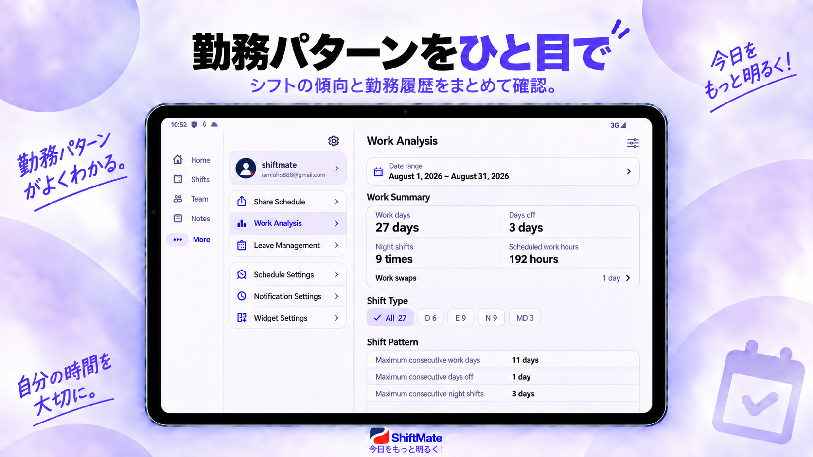タブレットで勤務パターンと勤務履歴を確認するShiftMateの画面。