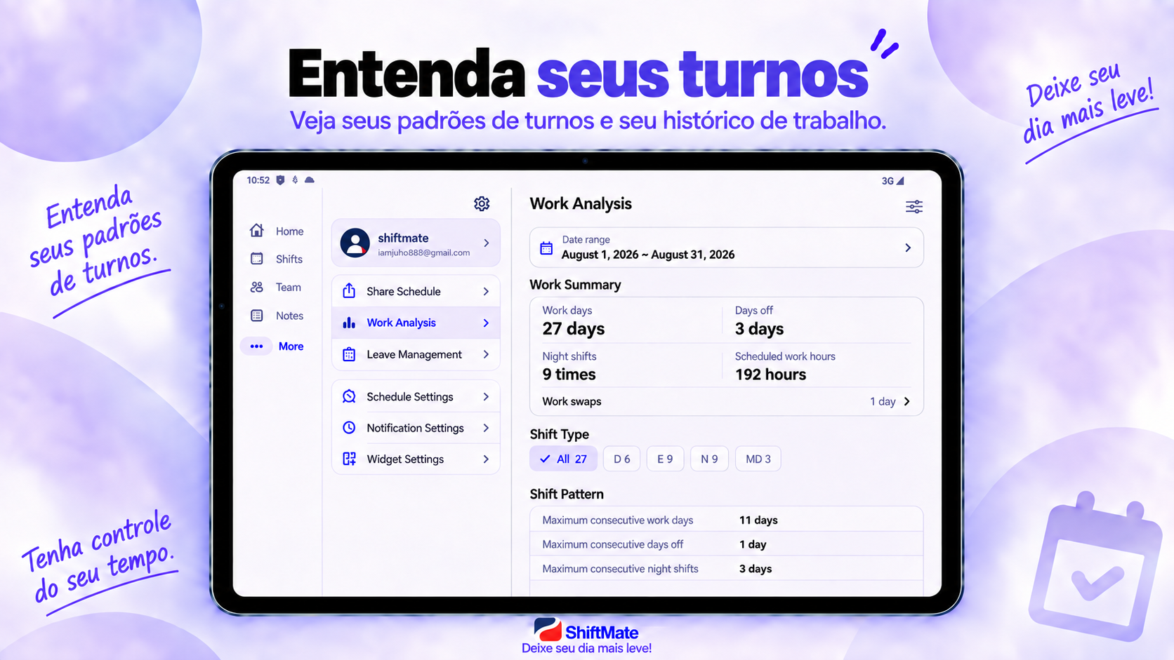 Imagem do ShiftMate com estatísticas de trabalho noites e folgas