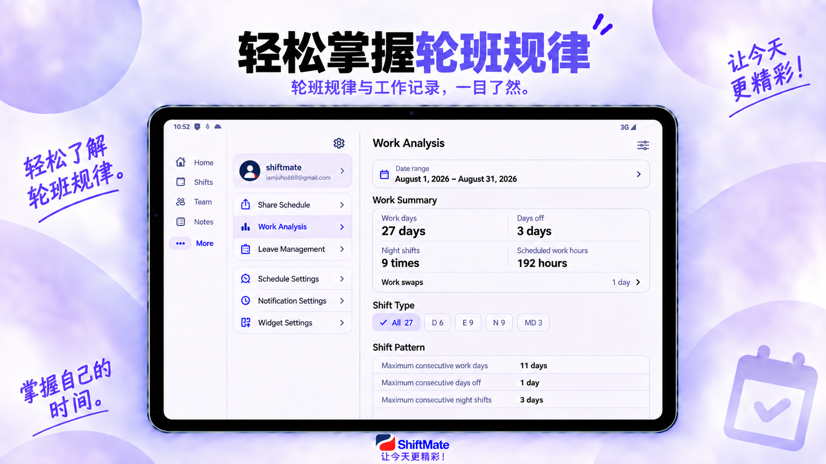 展示工作日夜班与休息统计的ShiftMate图片