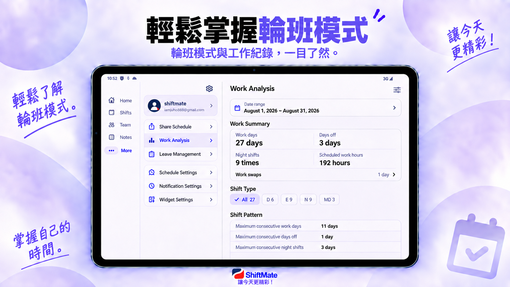 展示工作日夜班與休假統計的ShiftMate圖片
