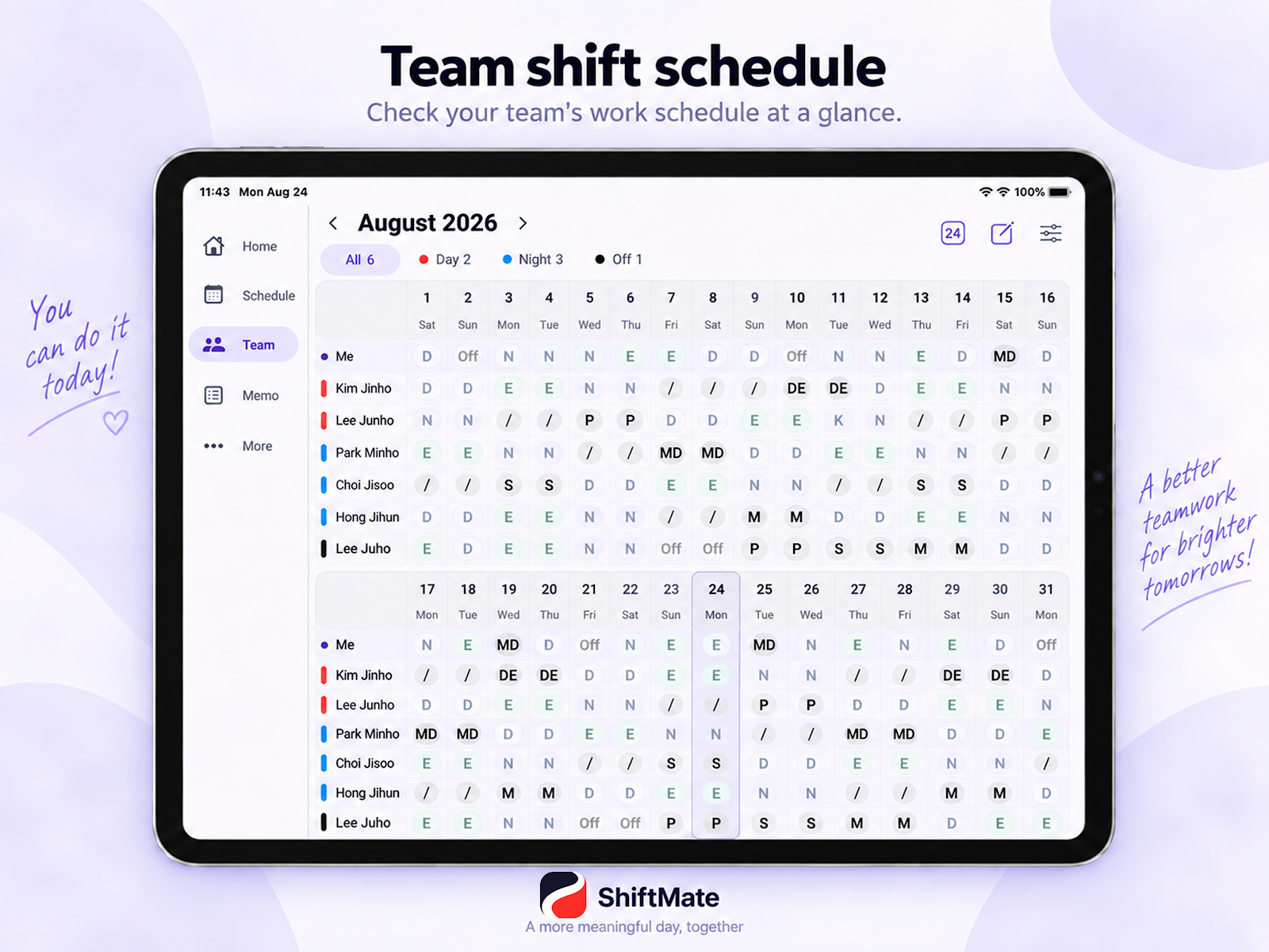 Coworker shift schedules shown together on an iPad.