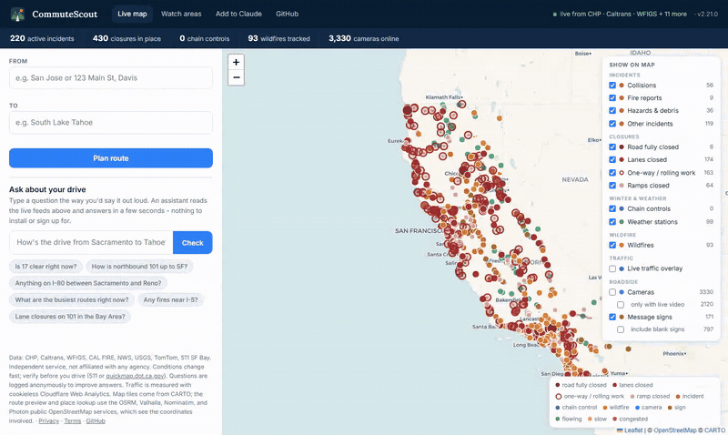 Demo: autocompleting San Jose and San Francisco, planning a route with two traffic-colored options, switching between them, tapping a suggested question for a live AI answer, then flashing the statewide live traffic overlay