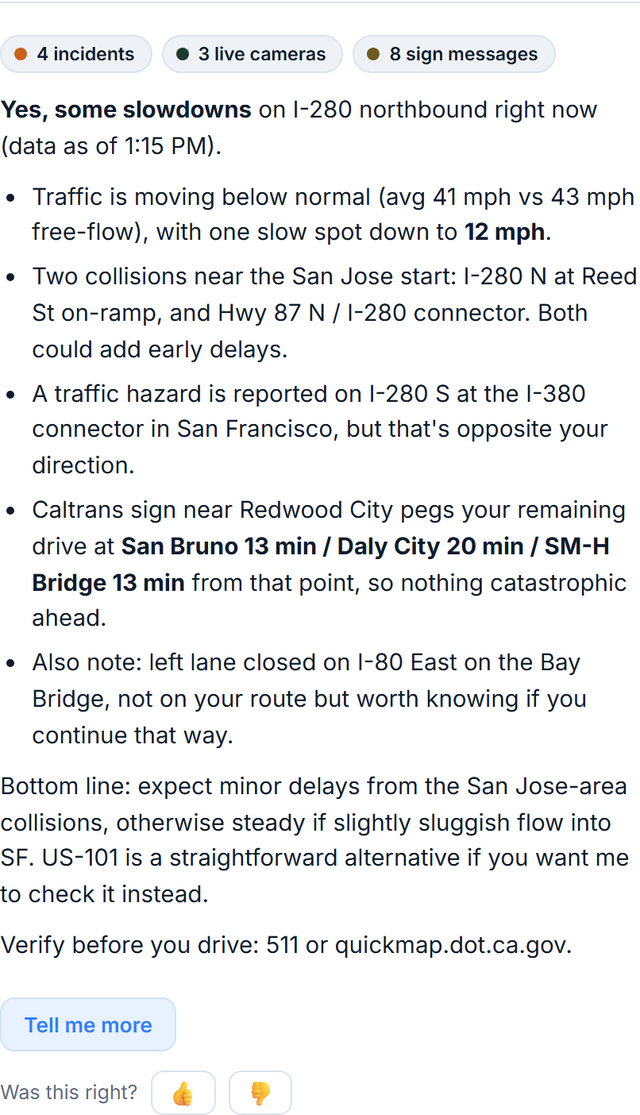 An AI answer about a drive, with live speeds and conditions