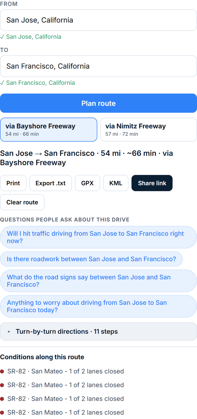 Route planner with two route options, turn-by-turn directions, and suggested questions