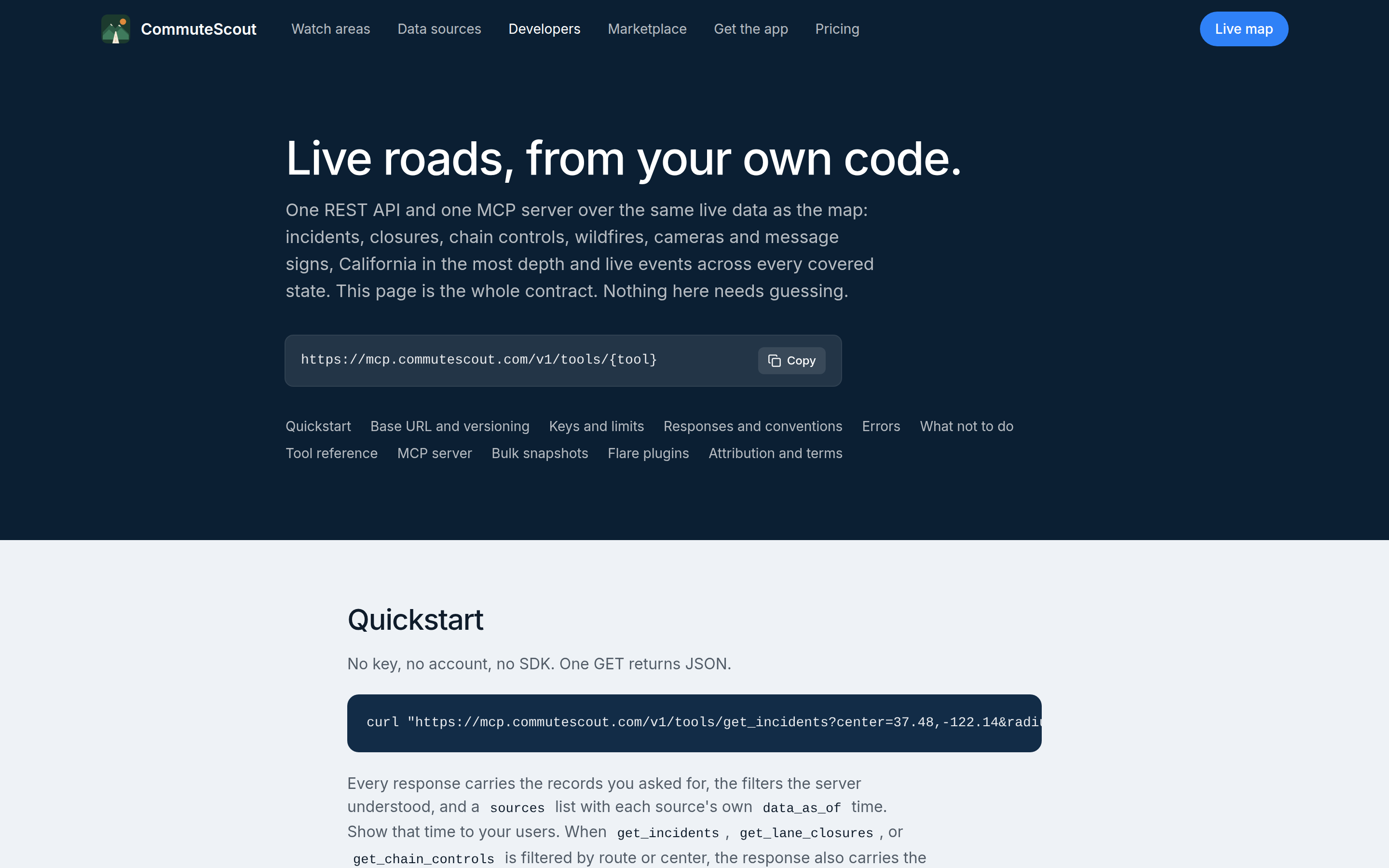 The developer page: the ten tools, the error envelope, and the rate limits