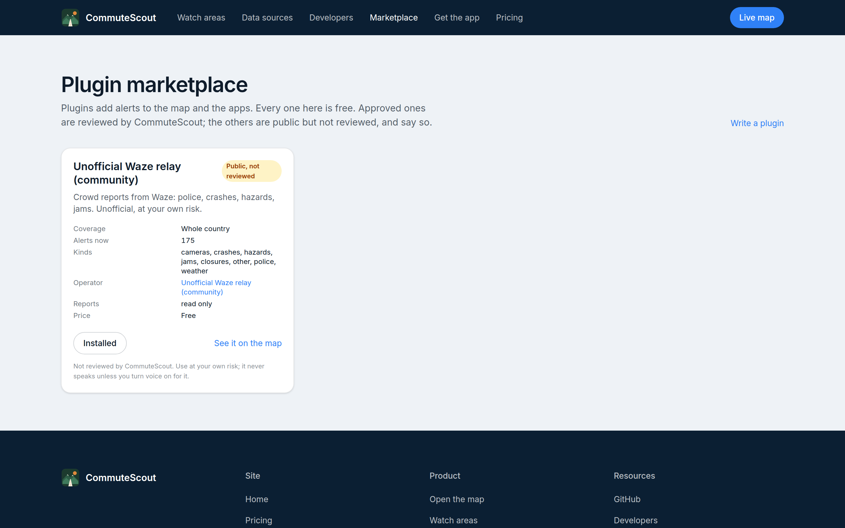 The plugin marketplace, one card per plugin, with coverage, what it reports, and how far it has been vetted