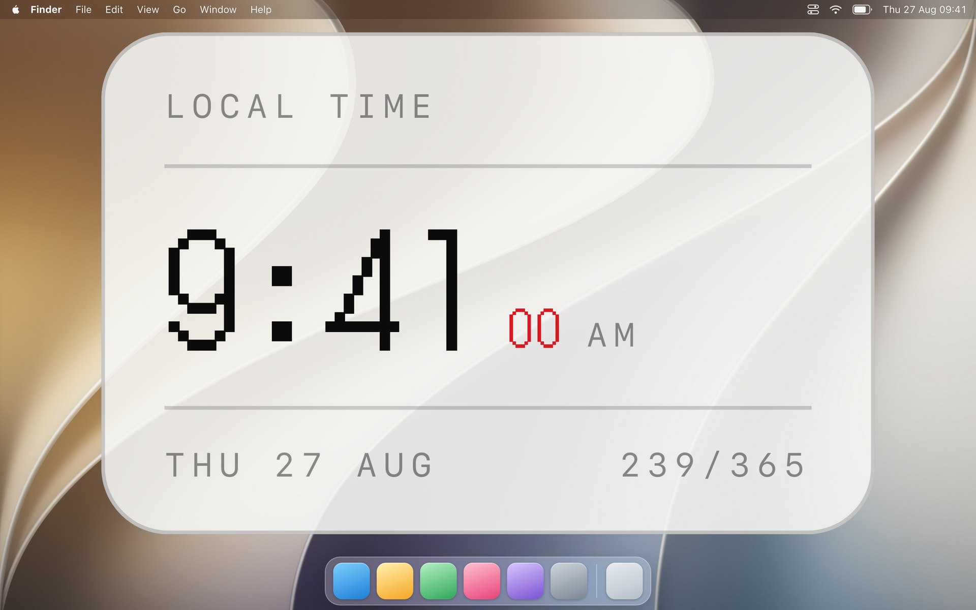 The clock widget on a desktop in its light style, showing the time on a dot matrix with red seconds