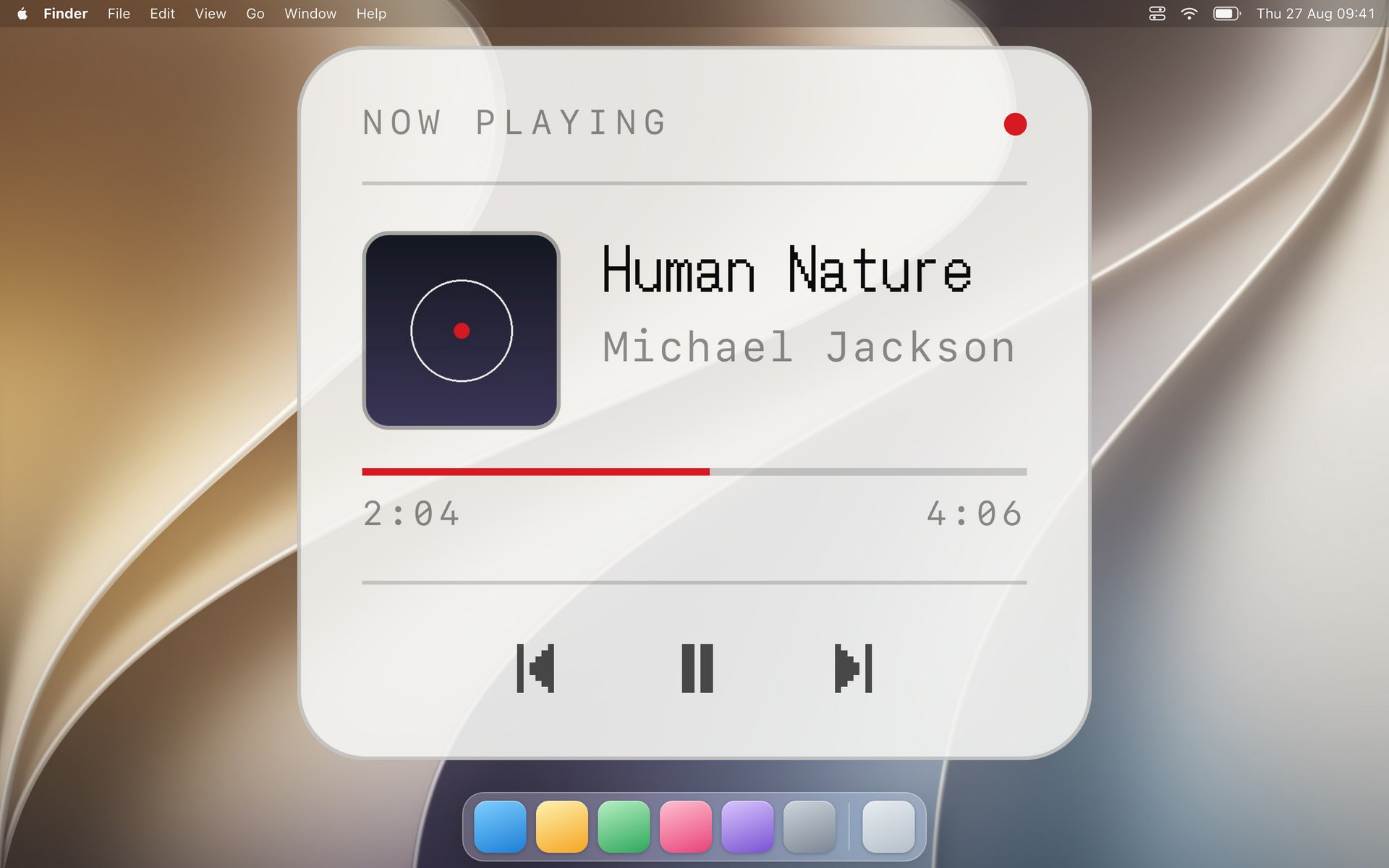 The now playing widget on a desktop in its light style, showing a track with its cover, a progress bar and pixel transport controls