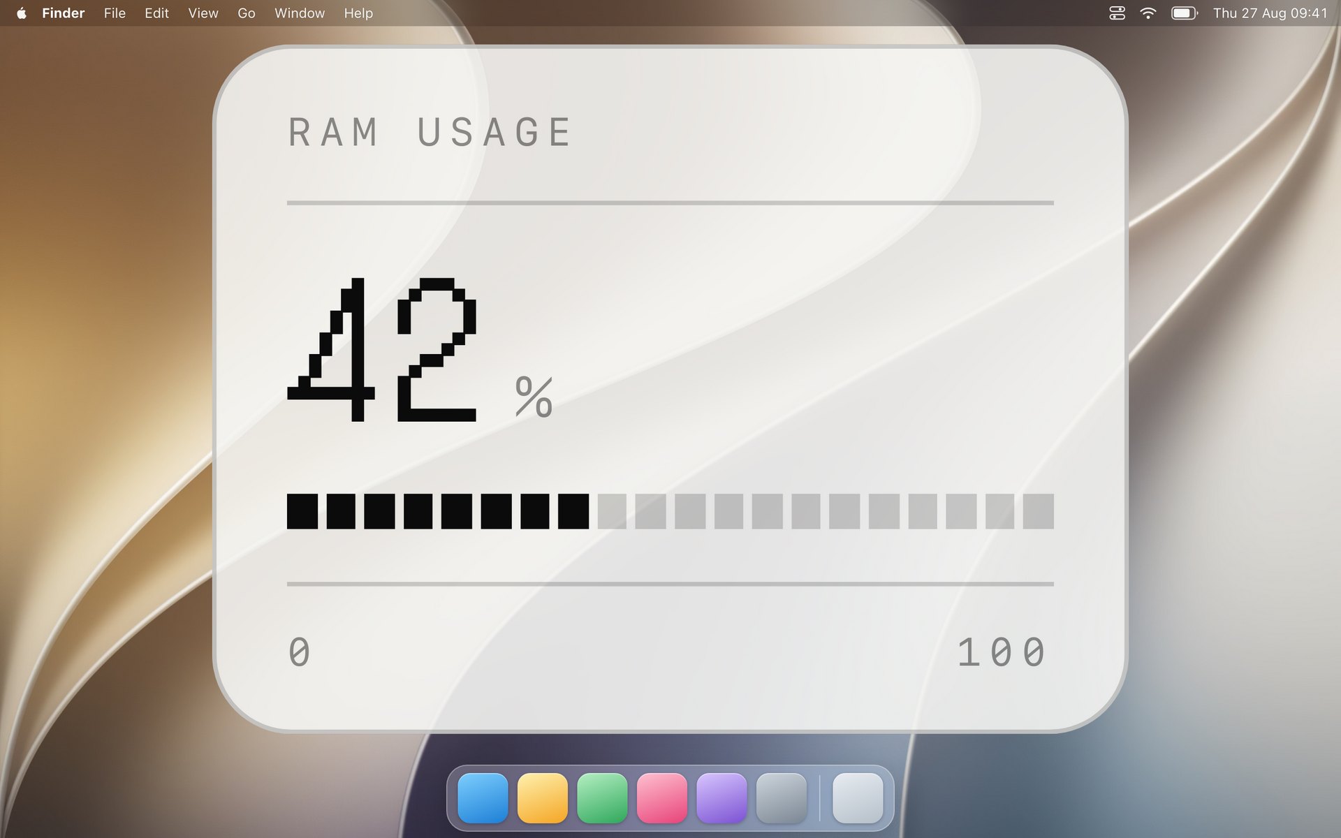 The system monitor widget on a desktop in its light style, showing 42 percent of memory in use on a twenty-division scale