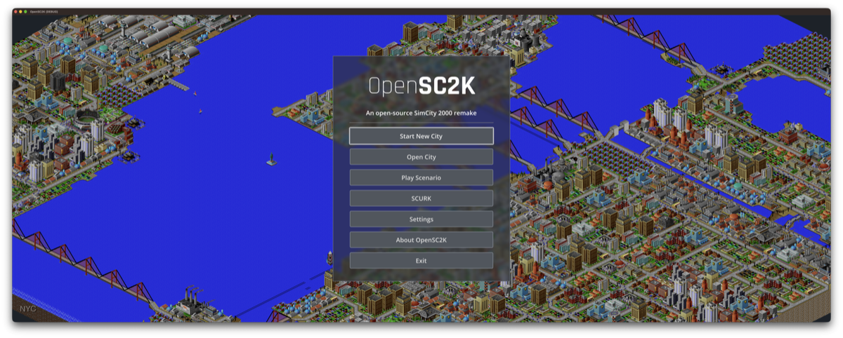 OpenSC2K main menu over a waterfront city