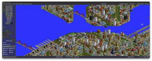 Waterfront city with bridges and a seaport