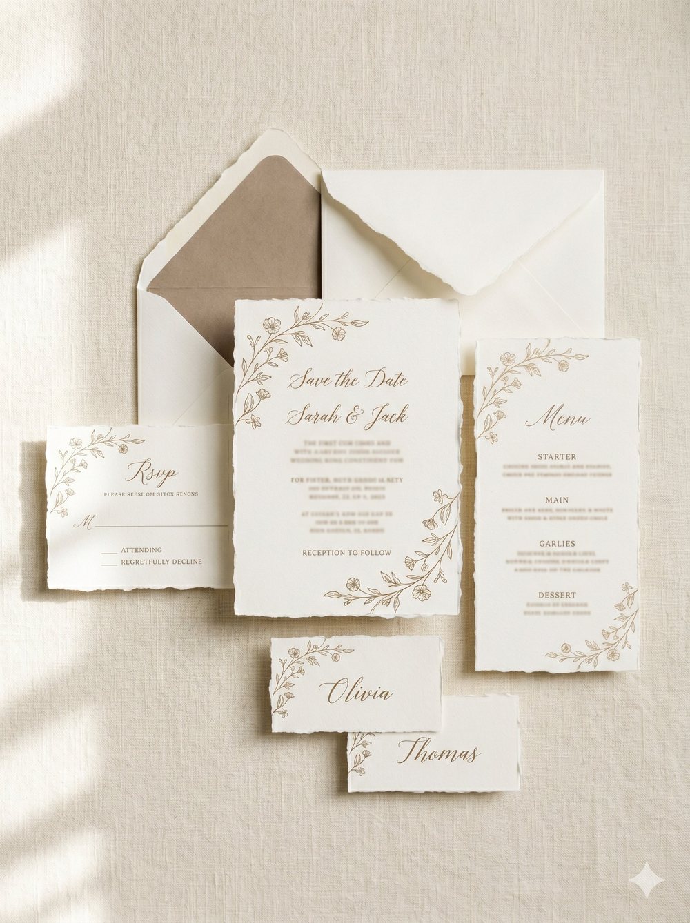 Coordinated luxury wedding stationery suite — save the date, RSVP, menu and place cards
