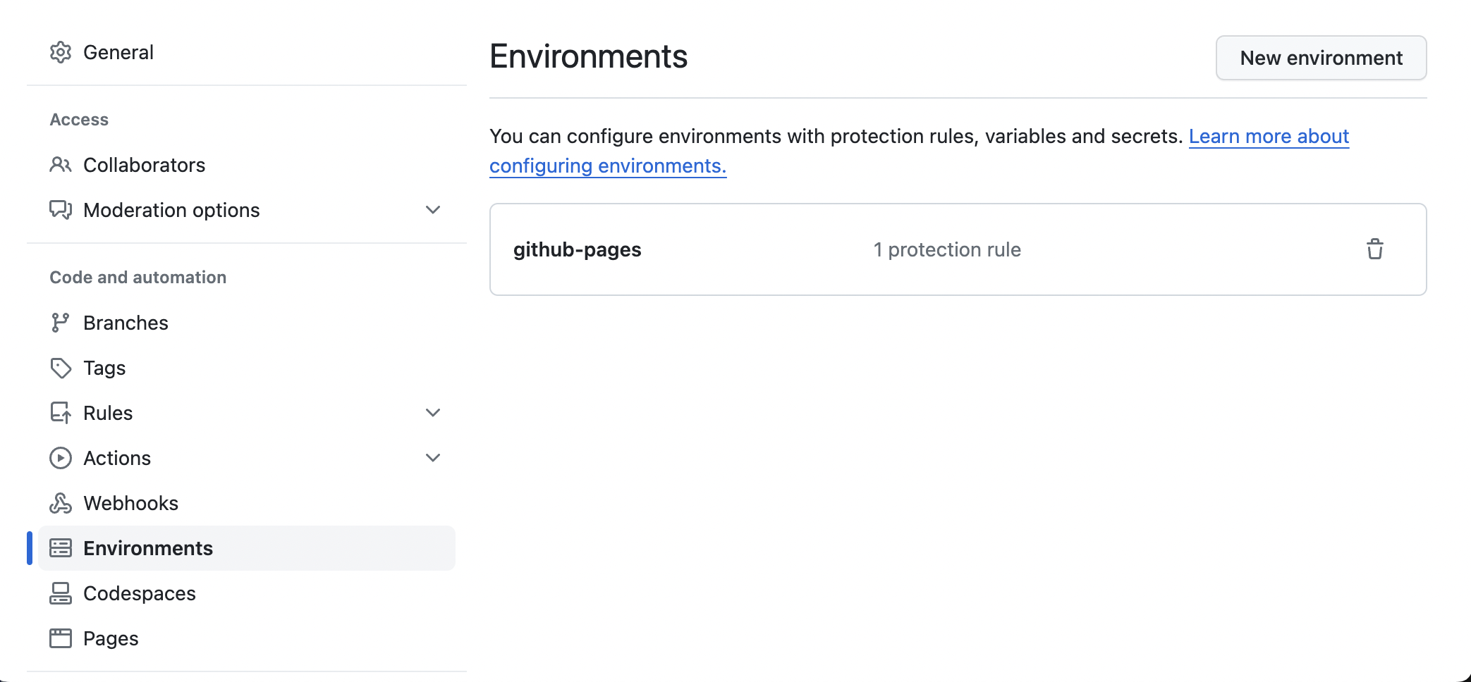 Screenshot of github UI for environments