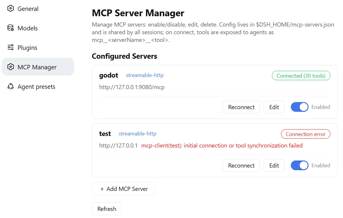 MCP Manager settings page