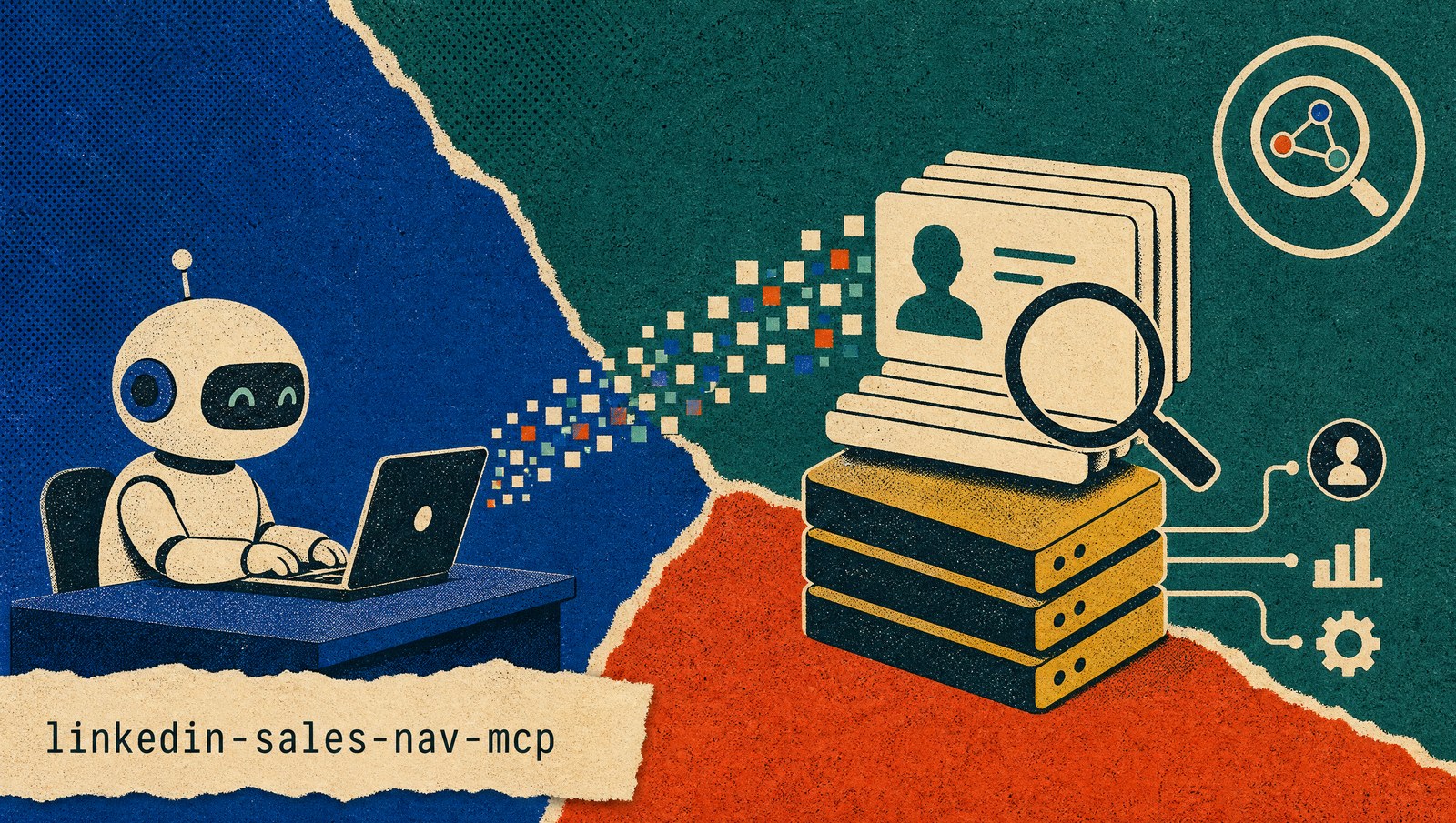 An AI agent at a laptop, streaming results into a stack of contact records beside a database and a magnifier.