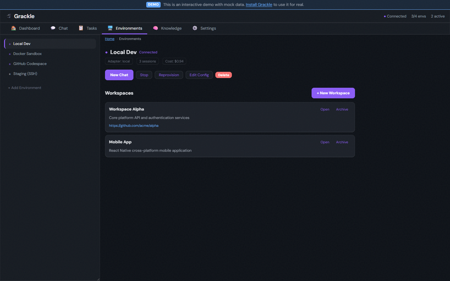 Environment detail — adapter type, session count, cost, workspaces, and management actions