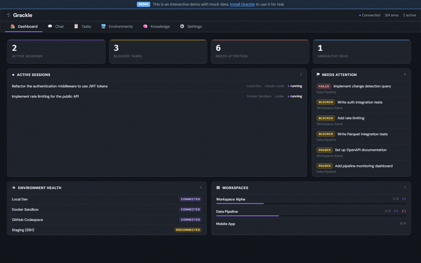 Dashboard — active sessions, task triage, environment health, and workspaces