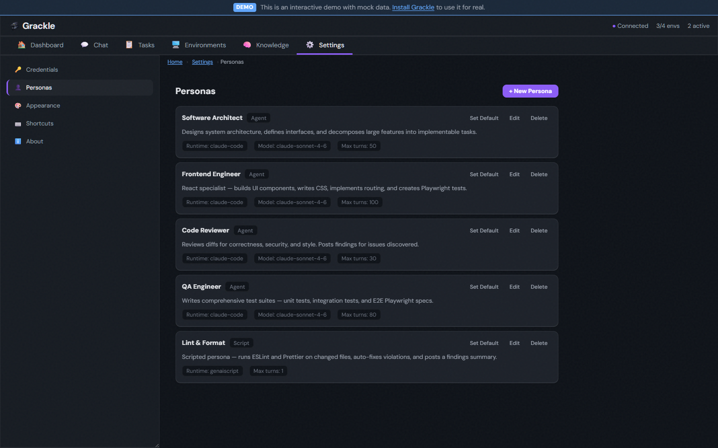 Personas — specialized agent templates with runtime, model, and MCP tool configuration