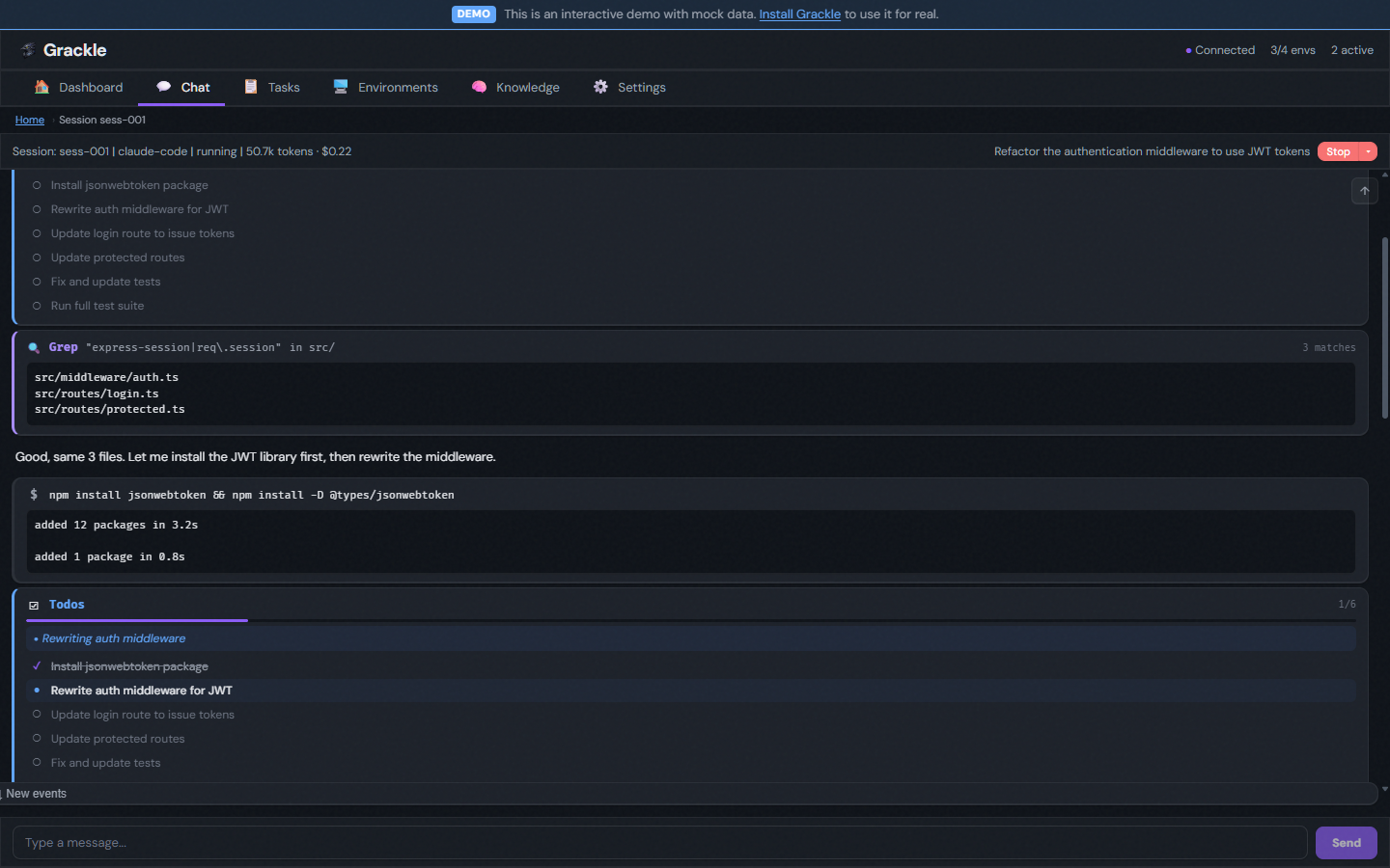 Live agent stream — tool cards, code output, and inline interaction