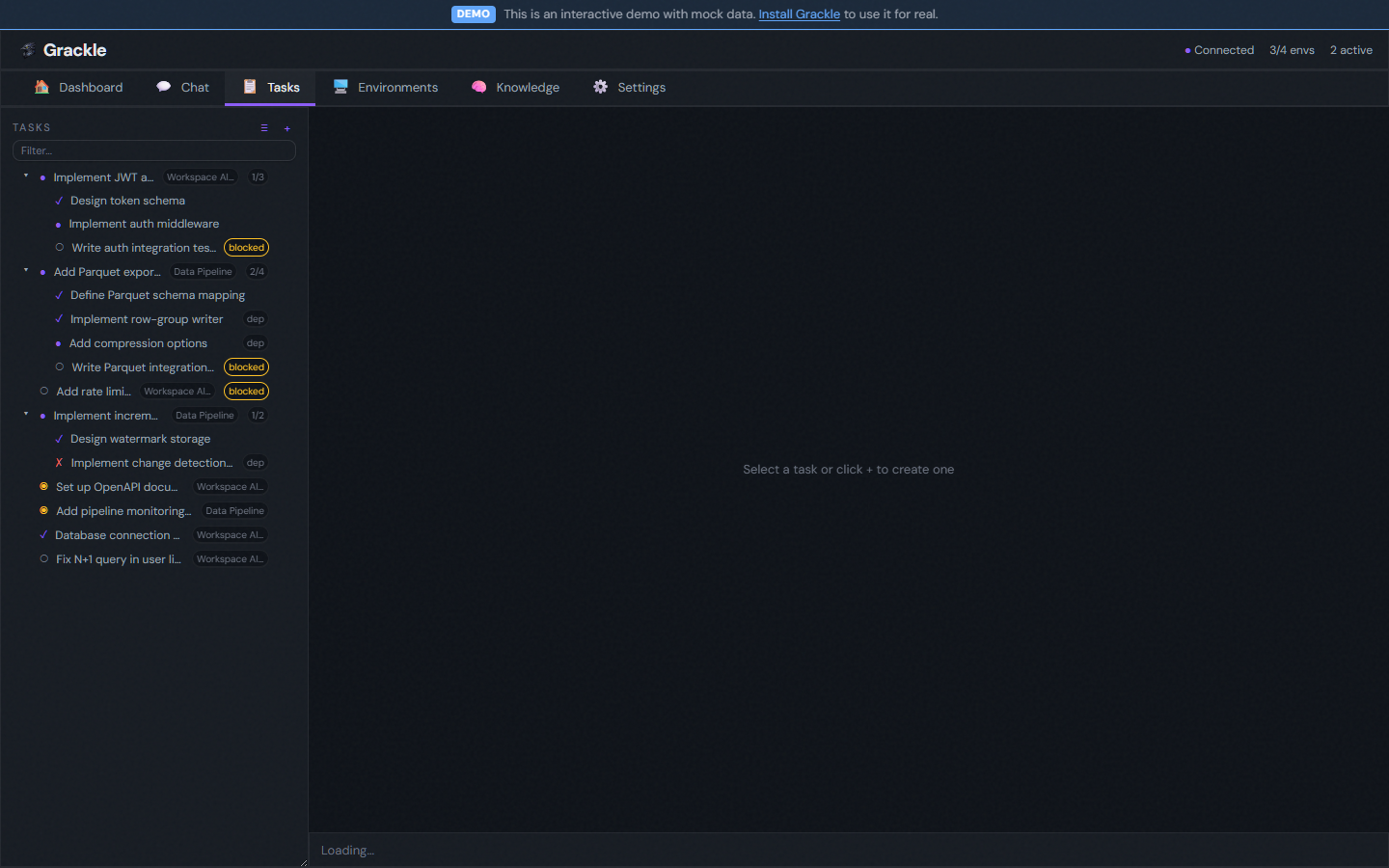 Task tree — hierarchical tasks with status indicators and dependency badges