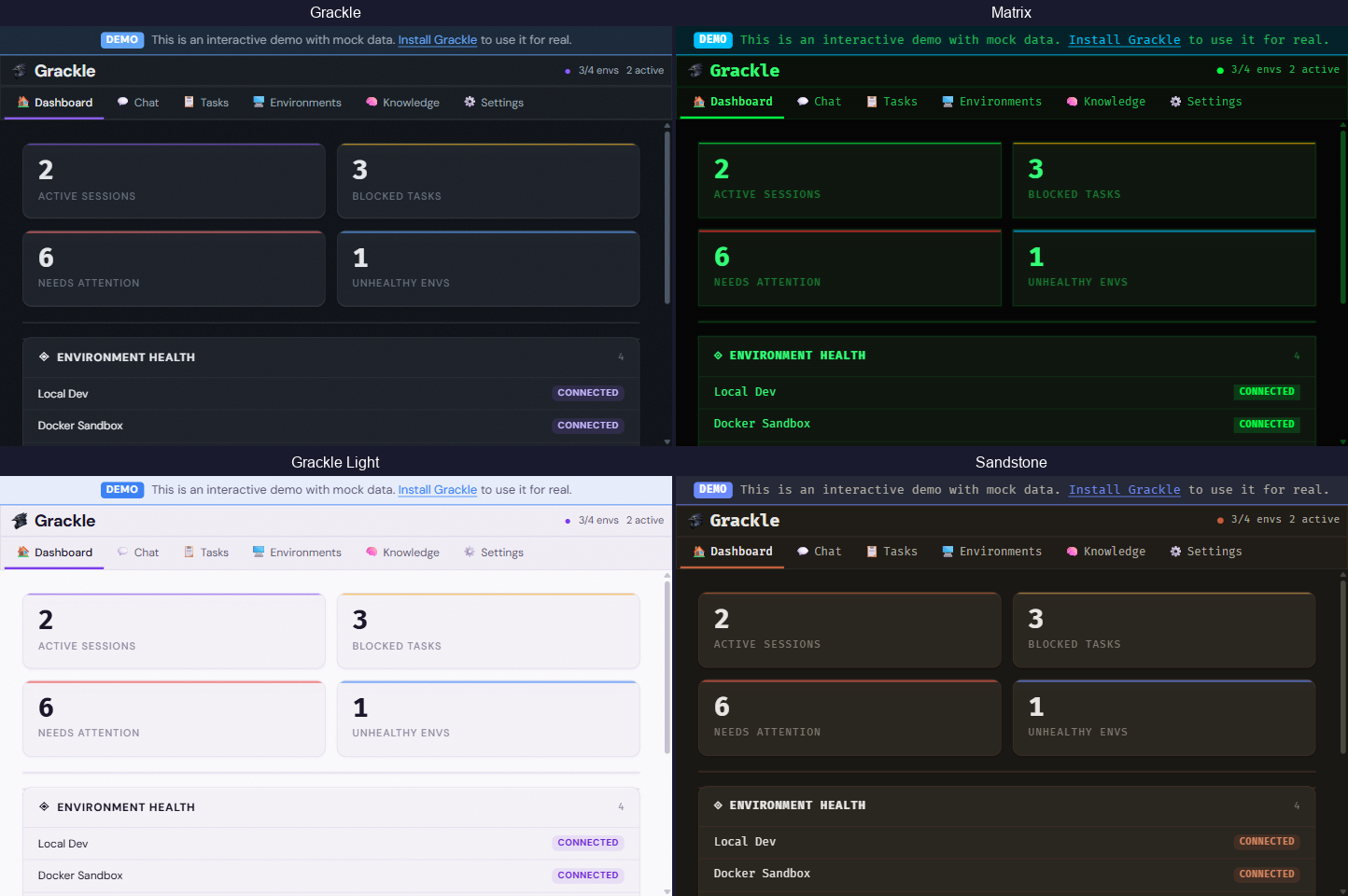 Themes — Grackle, Matrix, Grackle Light, Sandstone