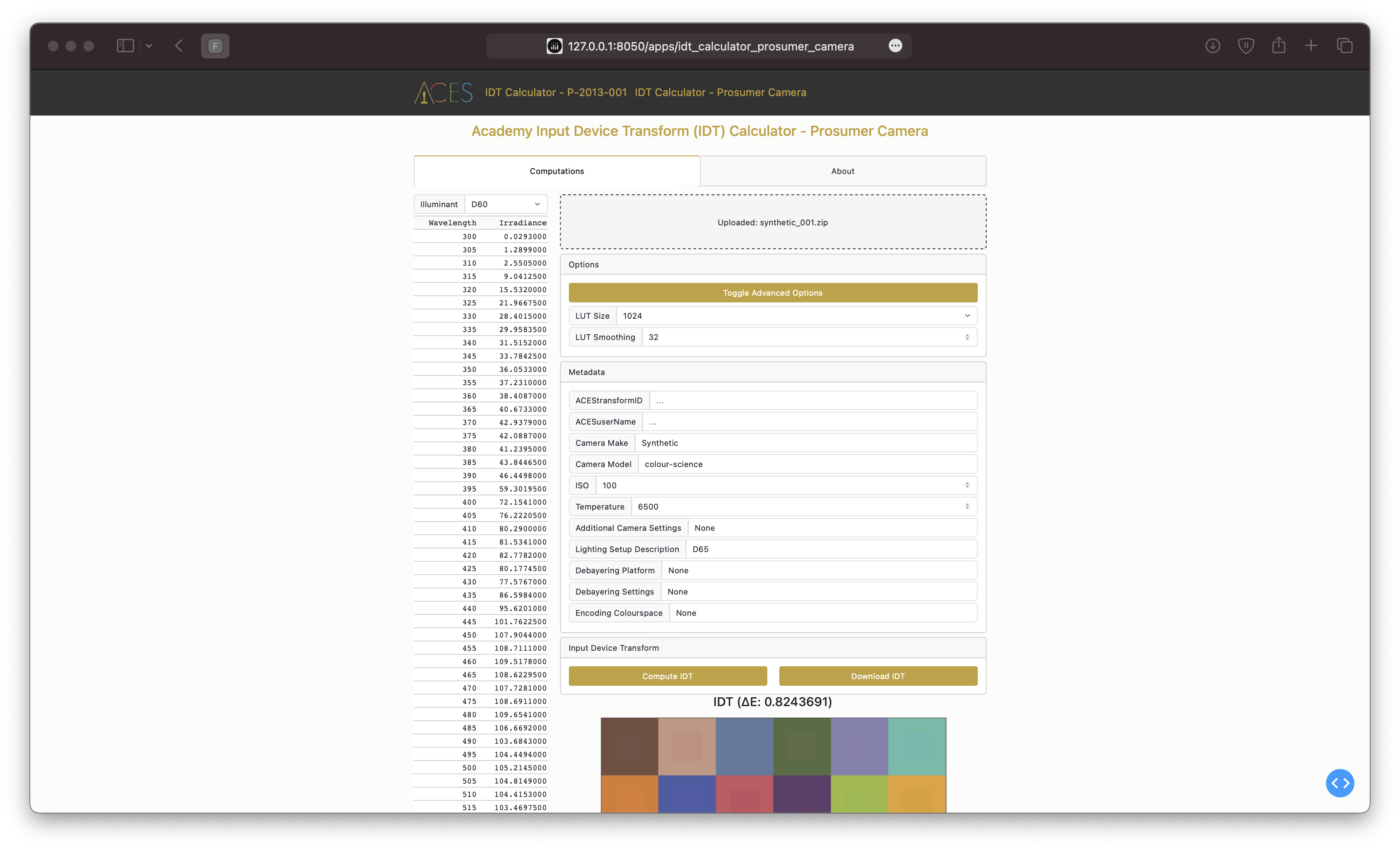 Academy Input Device Transform (IDT) Calculator - Prosumer Camera