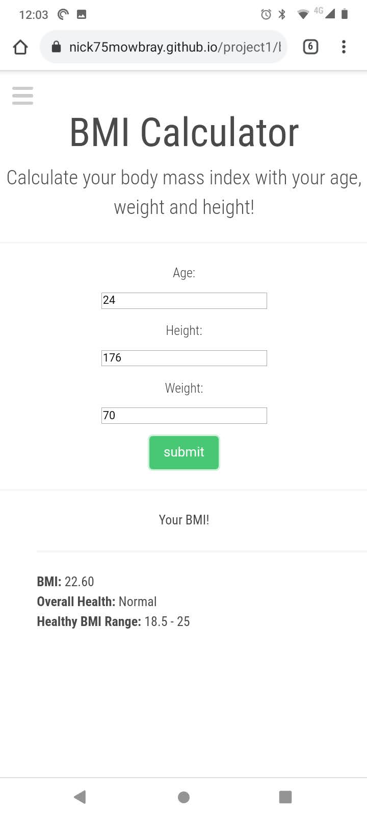 screenshot of BMI calculator