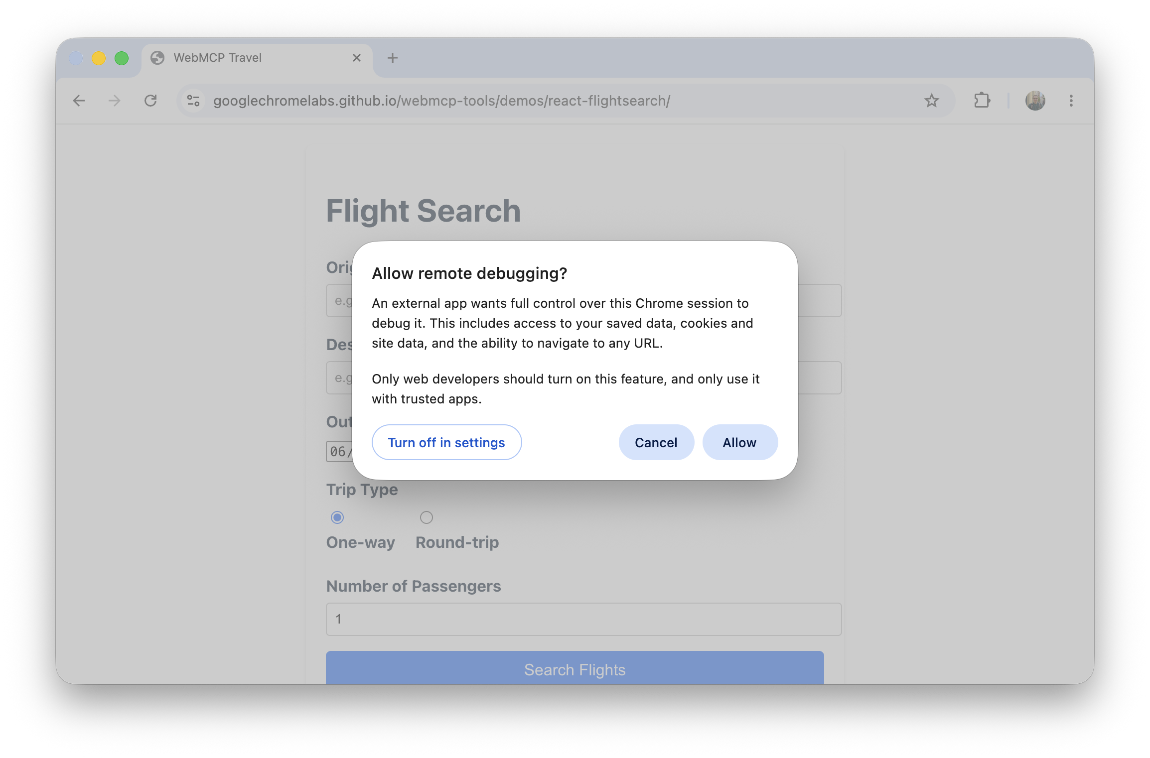 Chrome remote debugging permission prompt