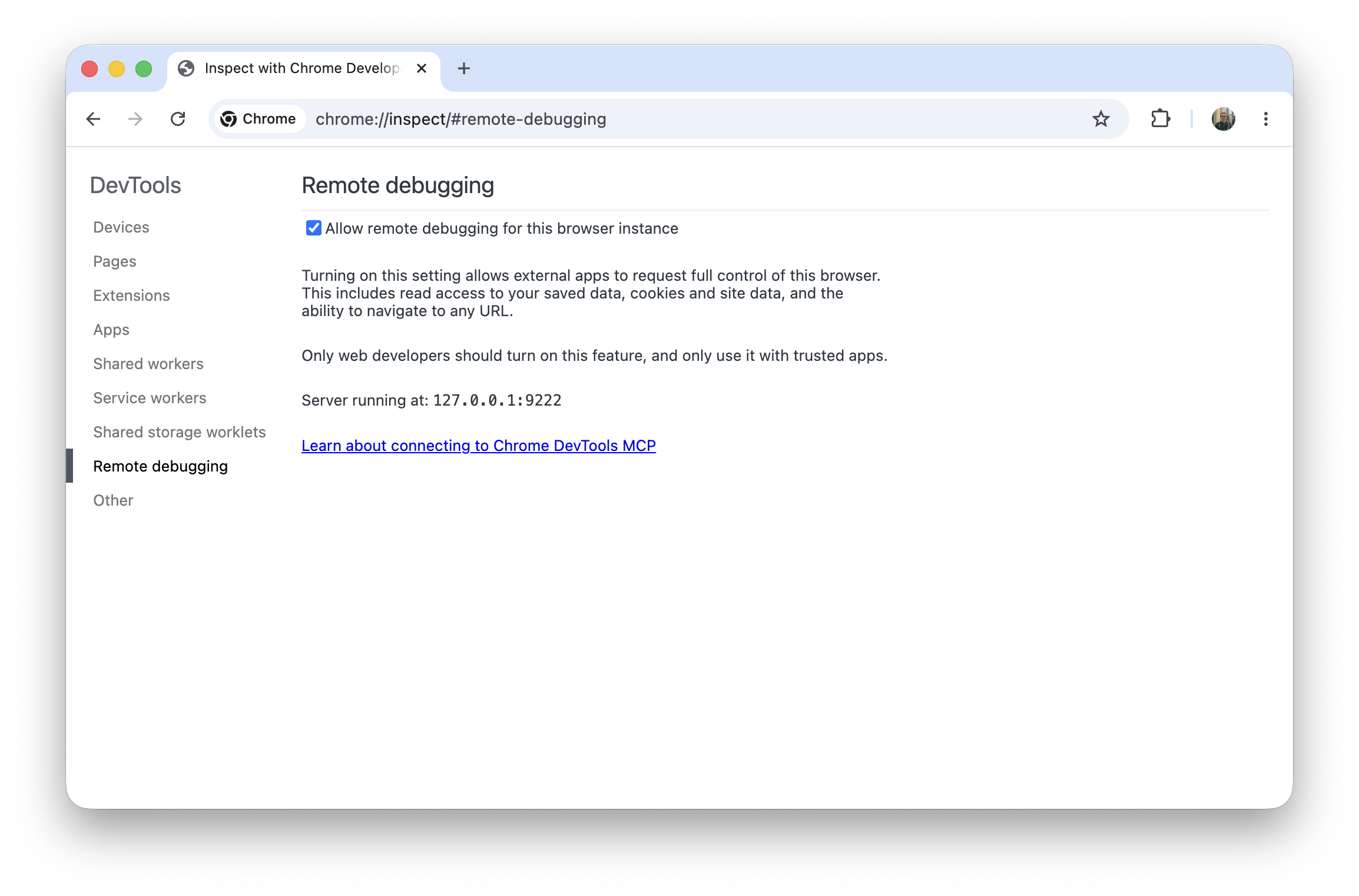 Chrome remote debugging settings