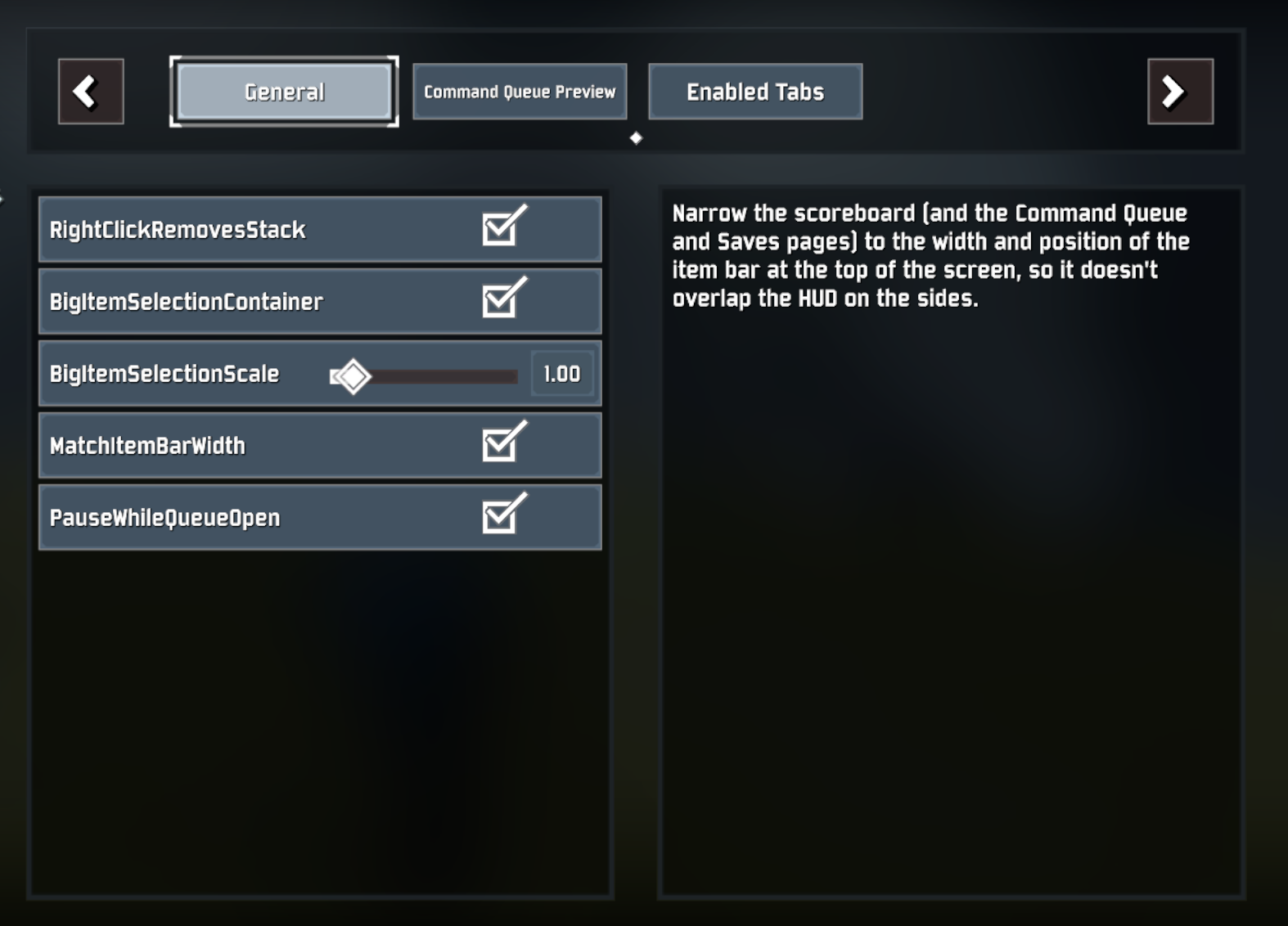 The mod's settings in the in-game mod options
