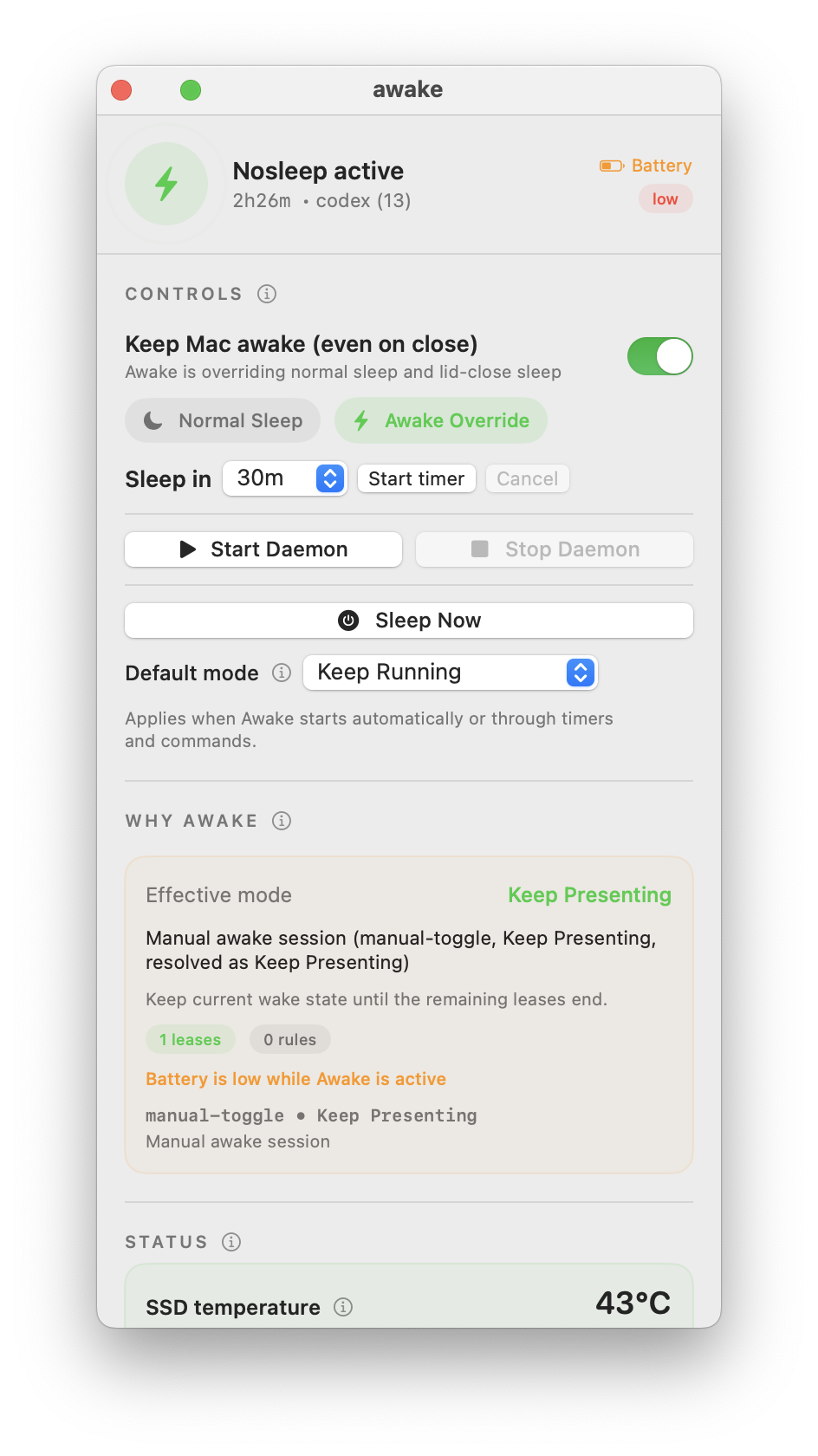 Awake panel screenshot