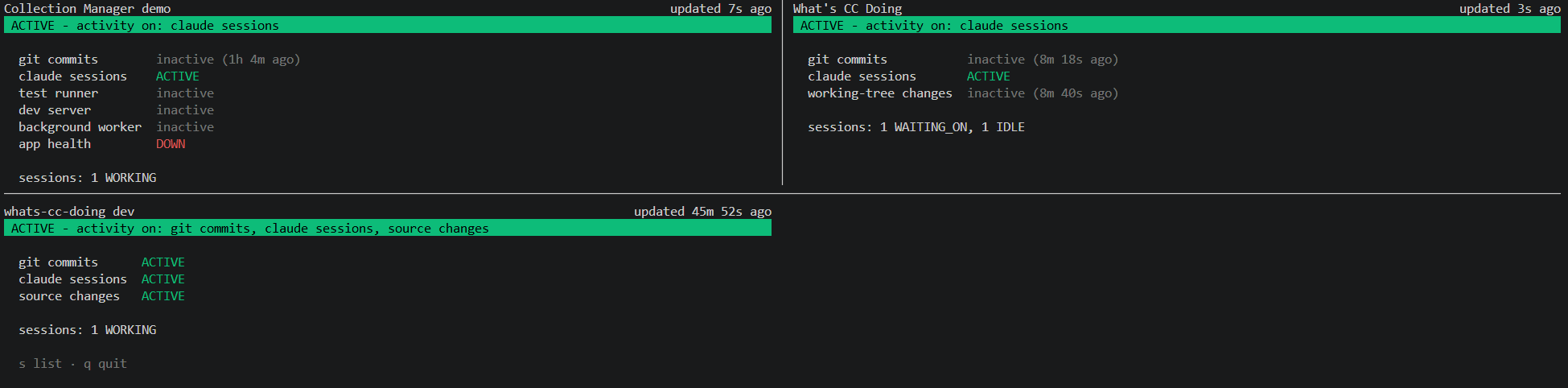 TUI multi-view: three project panes with per-signal states