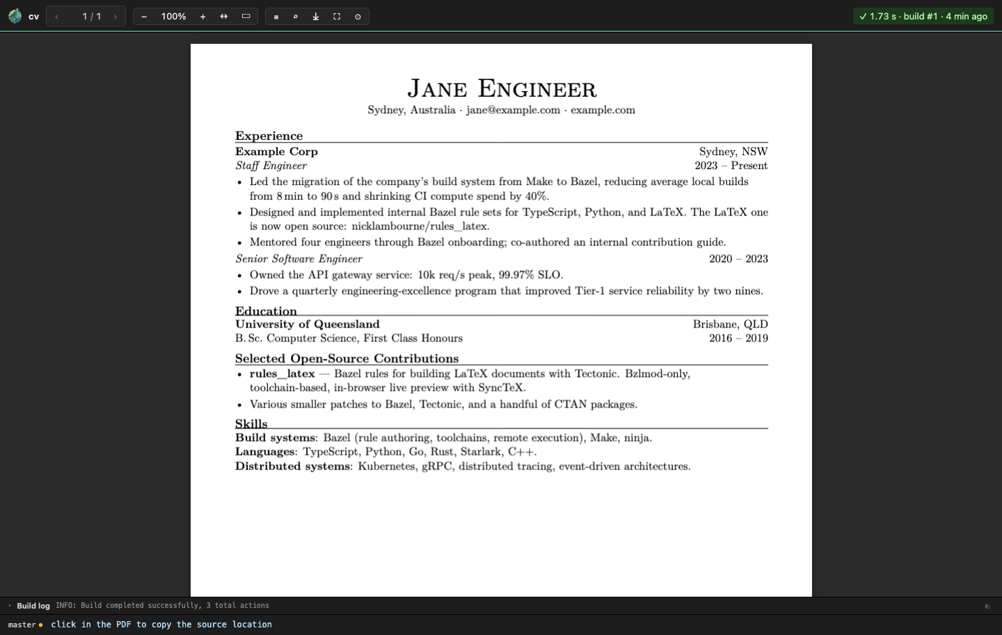 latex_live in-browser preview: a CV rendered with PDF.js, with the page toolbar, build-status badge, and build-log drawer