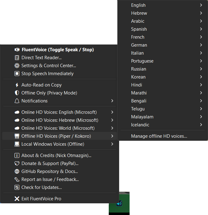 Tray right-click menu