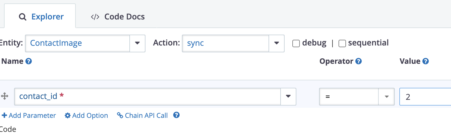 Screenshot of the APIv3 Explorer showing the Entity: ContactImage and Action: sync.