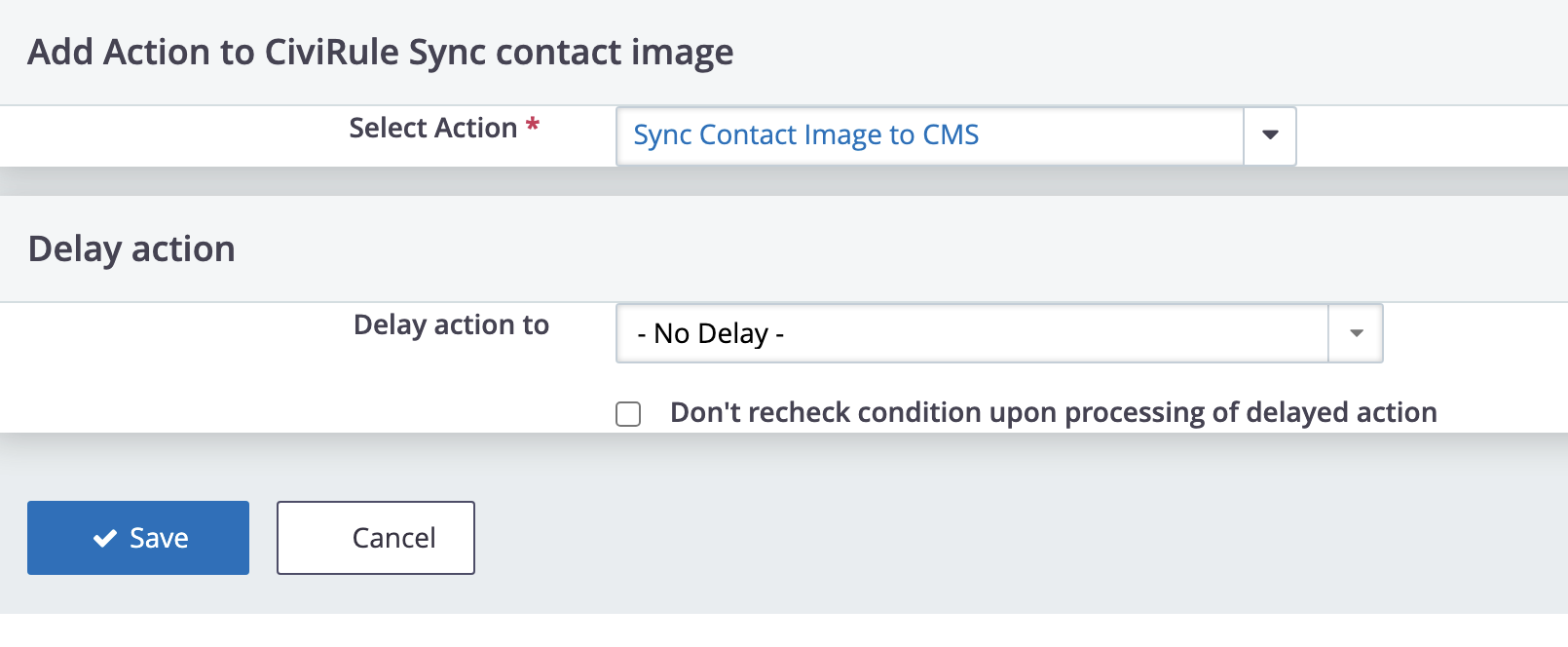 Screenshot of the Add Action to CiviRule screen. The "Select Action" dropdown box shows the "Sync Contact Image to CMS" action