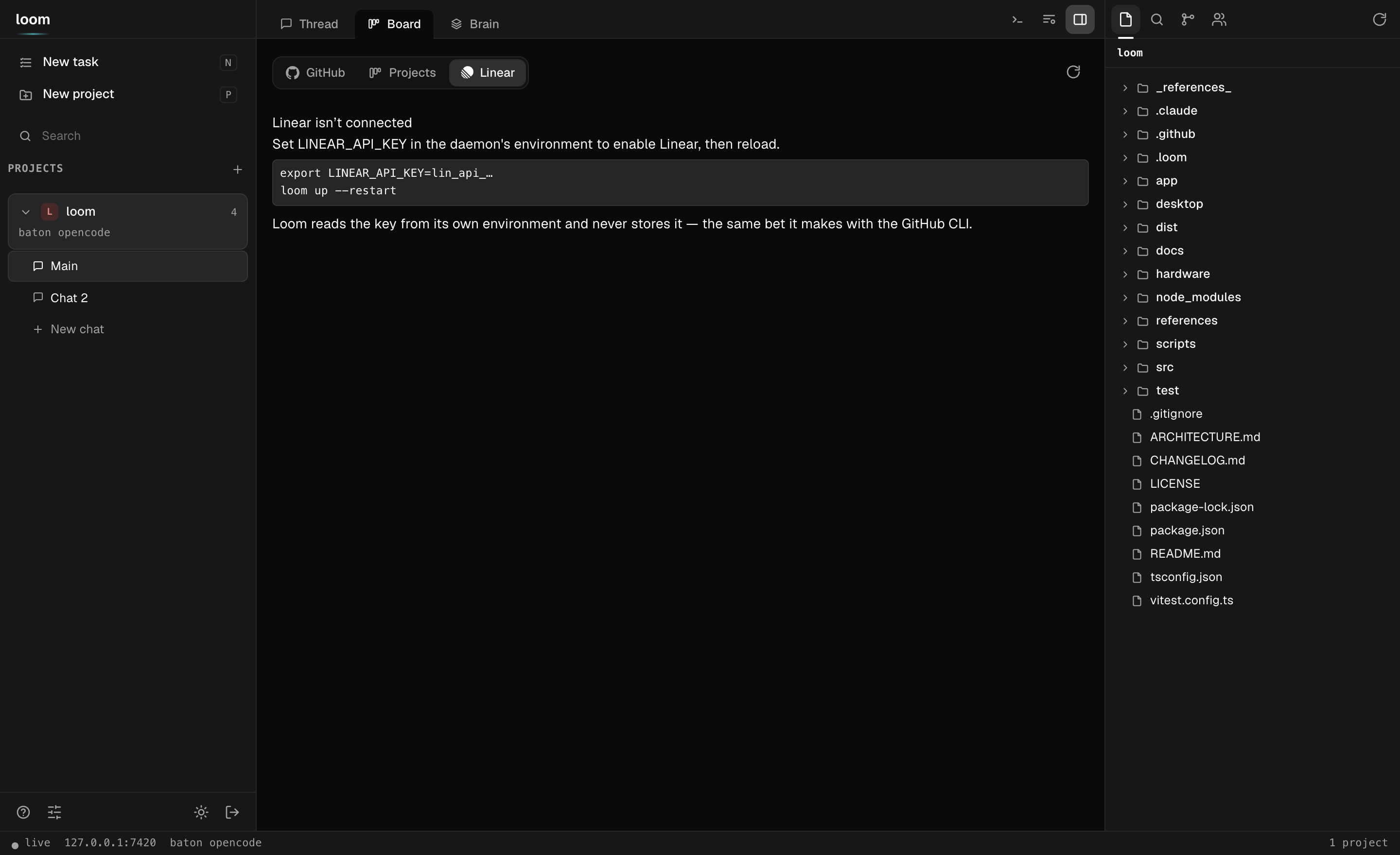 Loom's Linear source, honest about being off until you connect it