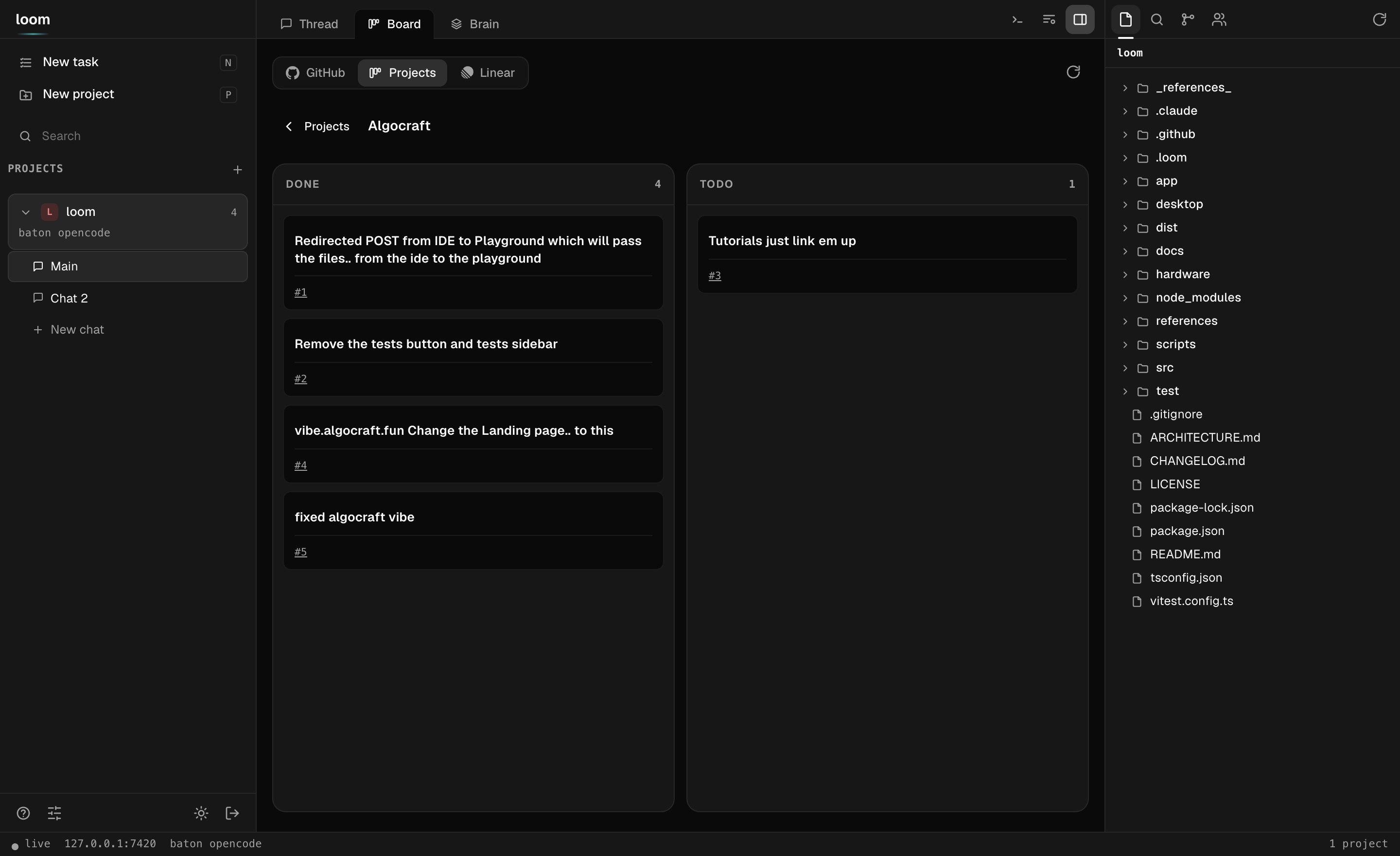 A GitHub Project board rendered in Loom, items grouped by their Status column