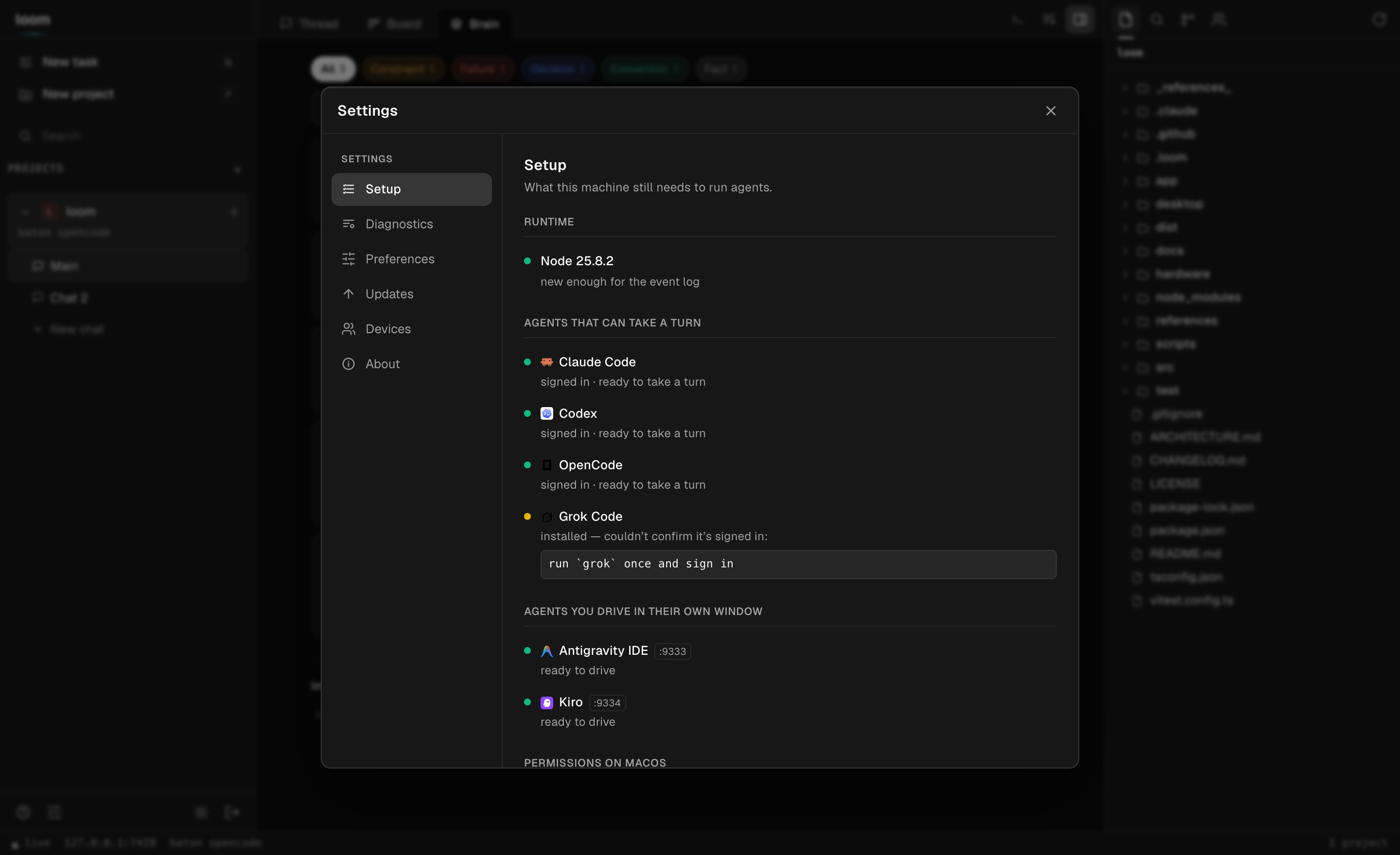 Loom's Settings screen — Setup, Diagnostics, Updates, Preferences, Devices, About
