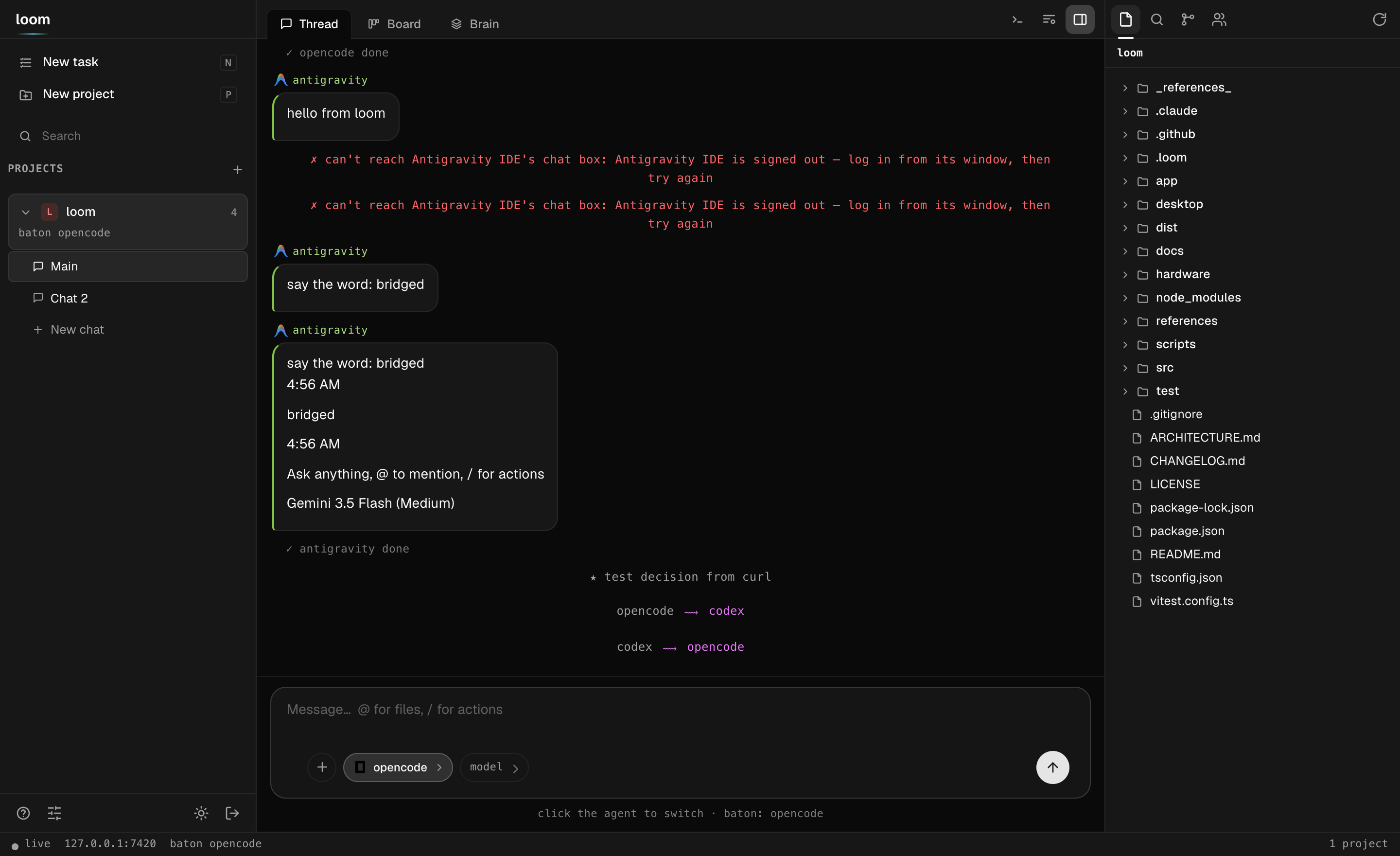 Loom workspace — one thread over every agent, with the Explorer, the composer, and the agent baton