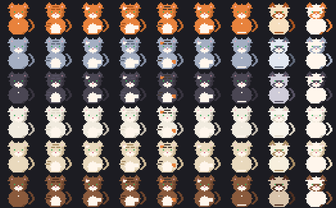 All six colorways down, all nine patterns across