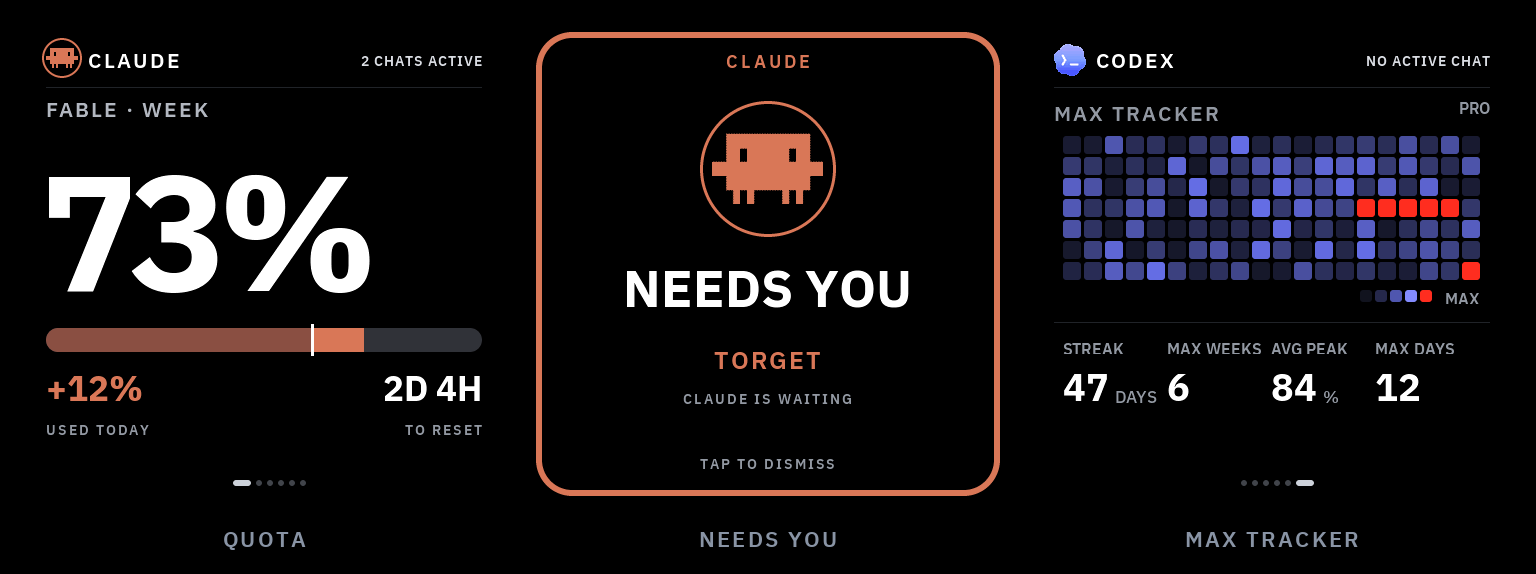 VibePulse: quota, a NEEDS YOU alert, and the Max Tracker heatmap