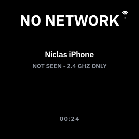VibePulse explains that the saved phone hotspot is not visible and reminds the user that the panel needs 2.4 GHz Wi-Fi