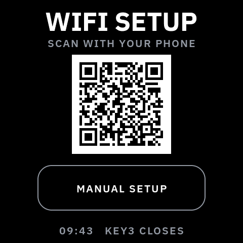 VibePulse Wi-Fi setup screen with a large phone-scannable QR code and one Manual Setup control