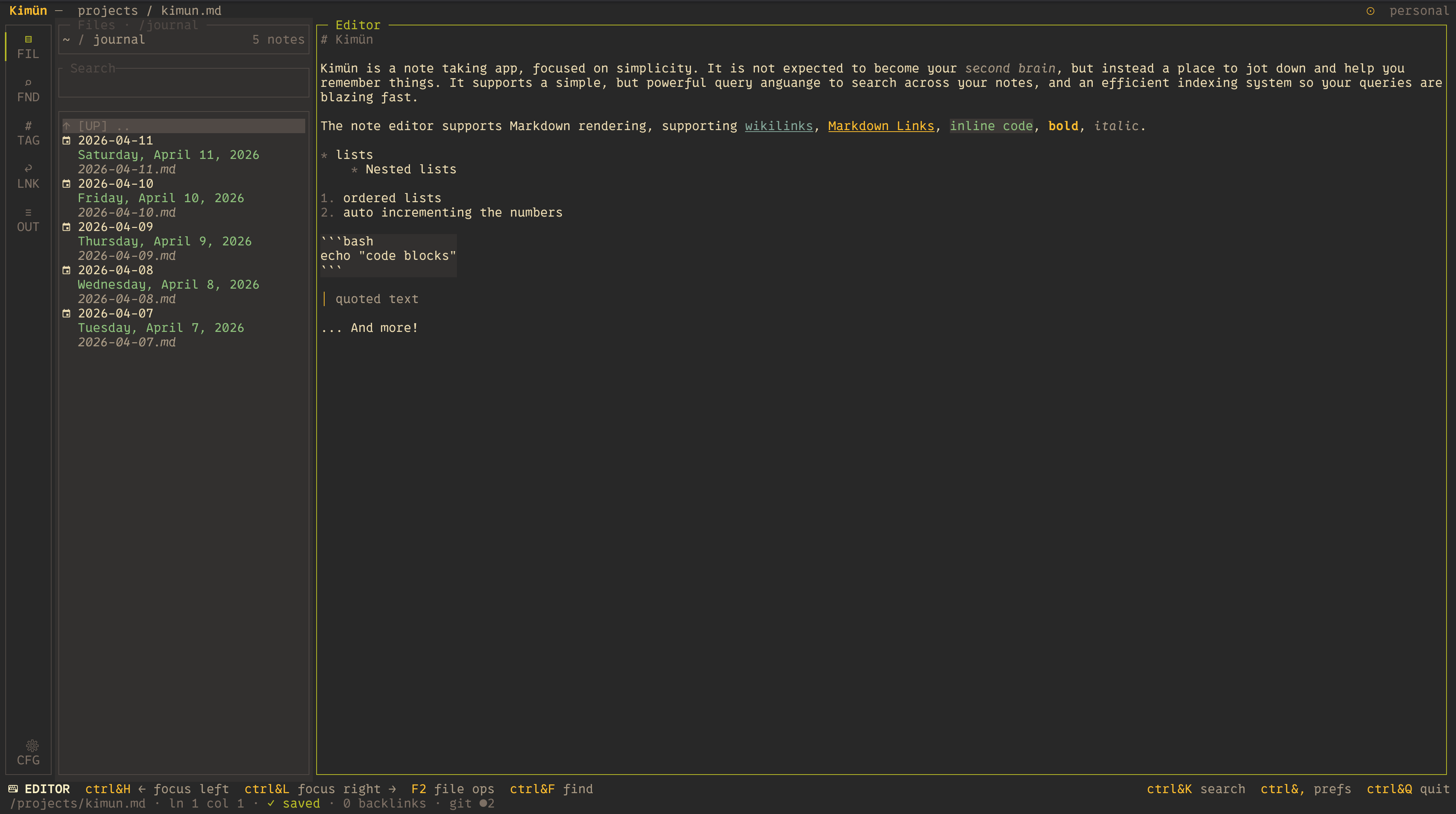 Kimün Notes Preview and Search Panel Screenshot