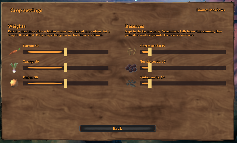 Crop settings page with weights and reserves