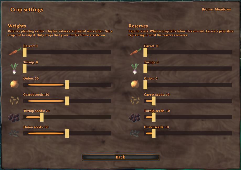 Crop settings page with weights and reserves